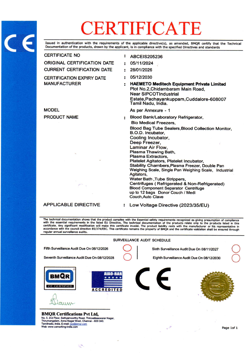 CE certification document for HAEMETO Meditech laboratory and blood bank medical equipment manufacturing