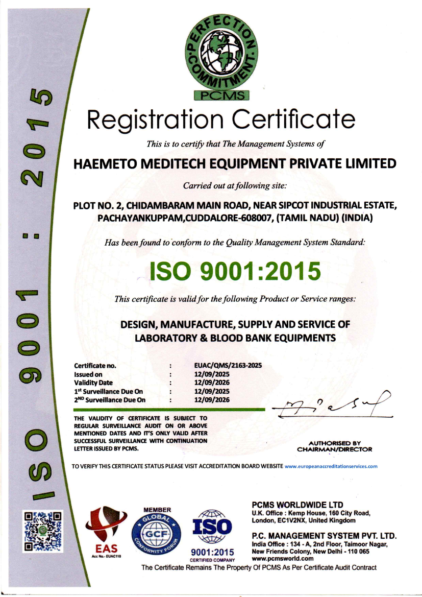 ISO 9001:2015 registration certificate for HAEMETO Meditech Equipment Private Limited laboratory and blood bank equipment services