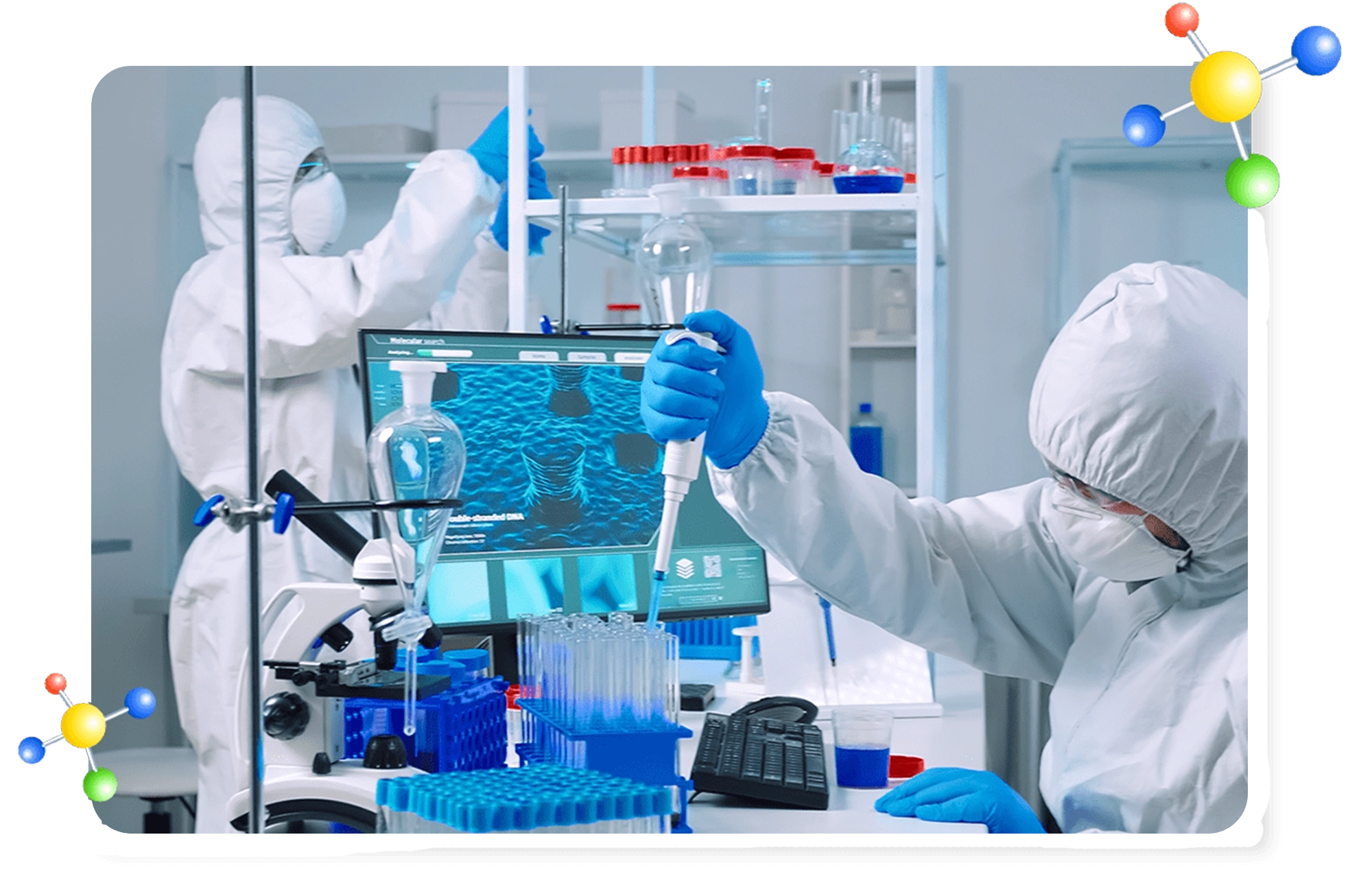 Scientists conducting medical laboratory research with test tubes and advanced biotechnology equipment